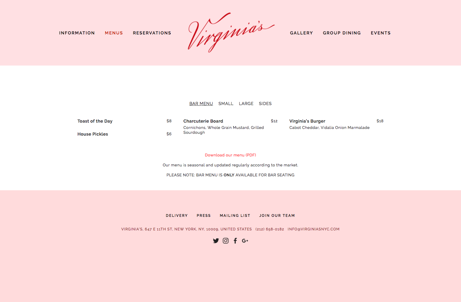 Virginia's website (http://www.virginiasnyc.com/) features an easy to find menu updated regularly.