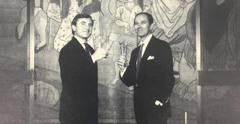 Four Seasons owners Julian Niccolilni and Alex Von Bidder in front of the Picasso curtain Tricorne.