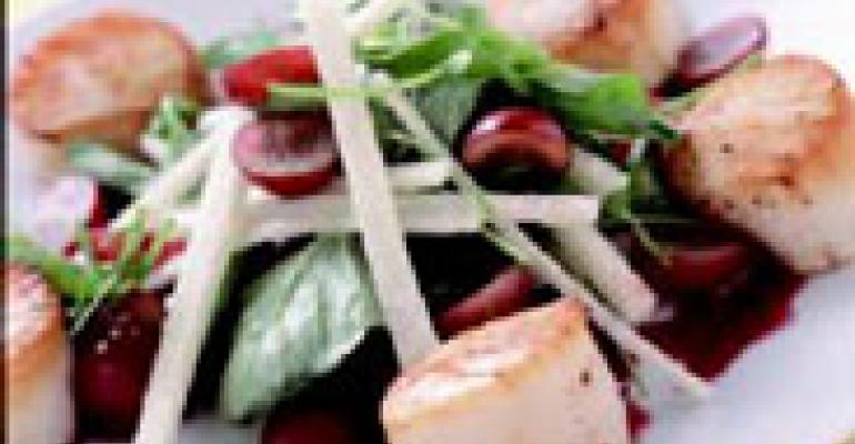 Seared Weathervane Scallops with Jicama, Watercress, Grape Salad and Red Champagne Grape Syrup