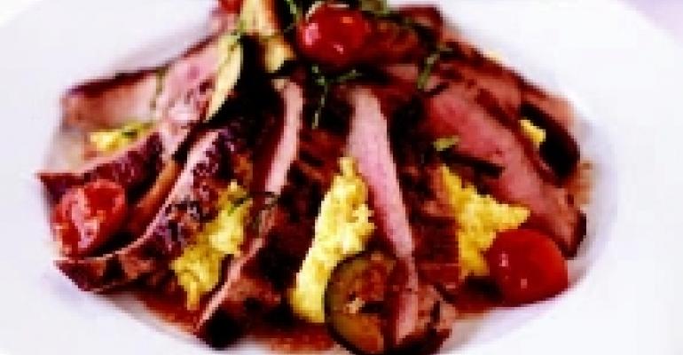 Grilled Veal Flank Steak with Zucchini, Tomatoes &amp; Olives over Creamy Polenta