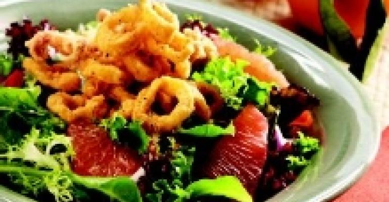 Crispy Fried Calamari Salad with Pummelos and Mandarin-Basil Vinaigrette
