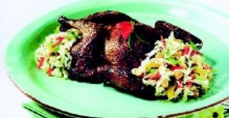 Asian Grilled Squab with Peanut Vegetable Slaw