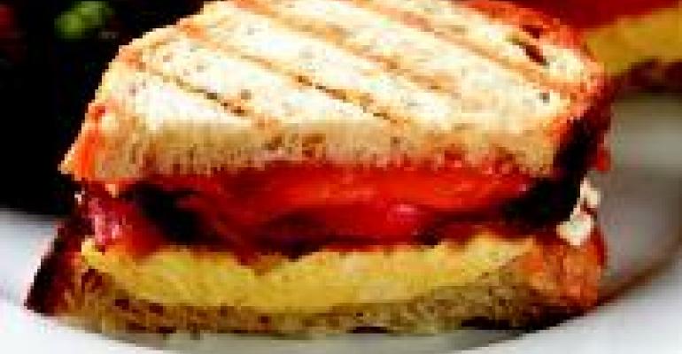 Panini with Scrambled Eggs, Bacon, Cheddar and Tomato
