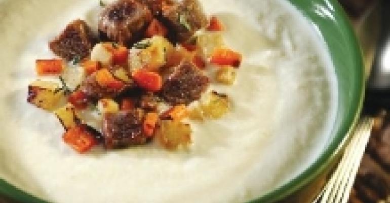 Cauliflower Soup with Roasted Beef and Root Vegetables