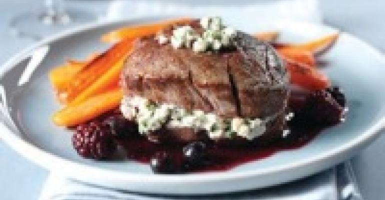 Pan-Seared Beef Filet with Blue Cheese and Blackberry-Blueberry Chocolate Port Sauce