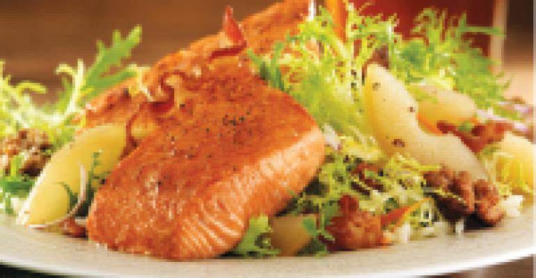 Salmon Salad with Poached Pear and Bacon Sherry Vinaigrette