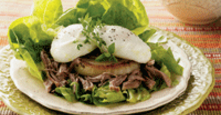 Shredded Pork and Grilled Onion Salad with Poached Egg