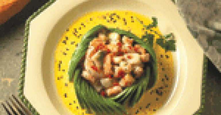 Avocado Nest with Seafood Filling and Saffron Sauce