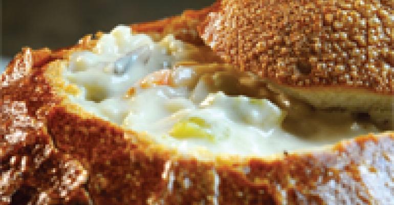 Creamy Chicken with Wild Rice Soup in Sourdough Bread Boule