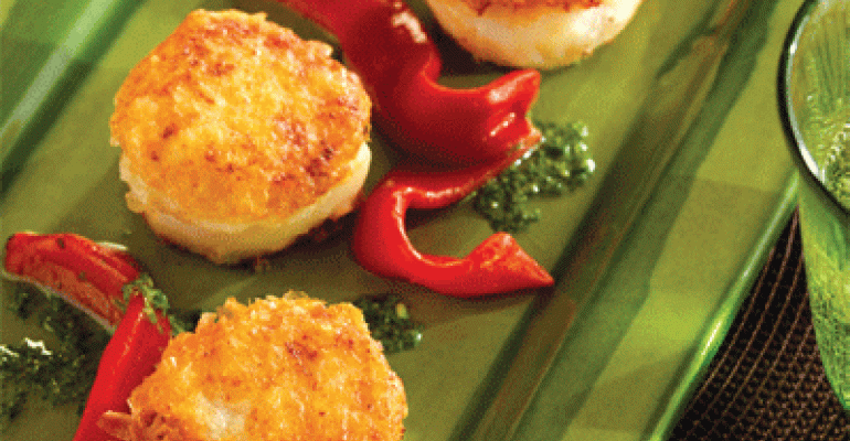 Idaho Potato-Crusted Weathervane Scallop with Roasted Piquillo Pepper and Herb Pistou