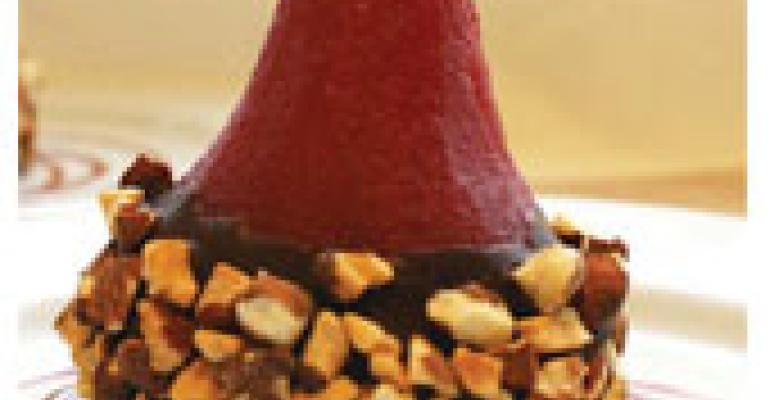 Chocolate-Dipped Raspberry Port Poached Pear