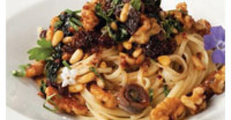 Spaghetti Corleonese (Pasta with Nuts, Raisins and Anchovies)