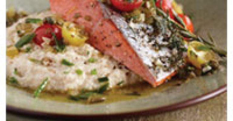 Wild Alaska Salmon with White Corn Grits and Sungold Tomato Salsa