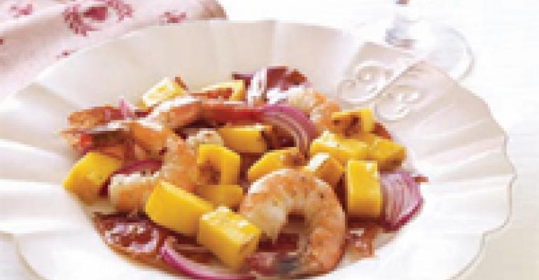 Caramelized Mango with Crispy Serrano Ham and Jumbo Shrimp