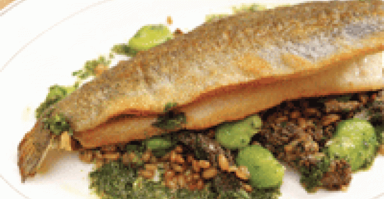 Pan-Roasted Trout with Toasted Farro, Fava Beans, Morels and Salsa Verde