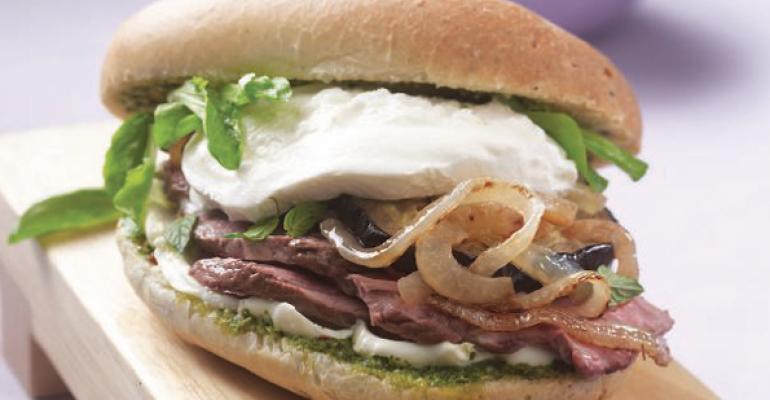 Roasted Lamb Sandwich with Mint Pesto and Burrata Cheese