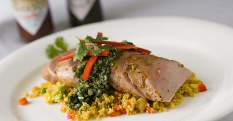 Oven-Roasted Pork Tenderloin with Seven Vegetable Couscous and Green Chimichurri