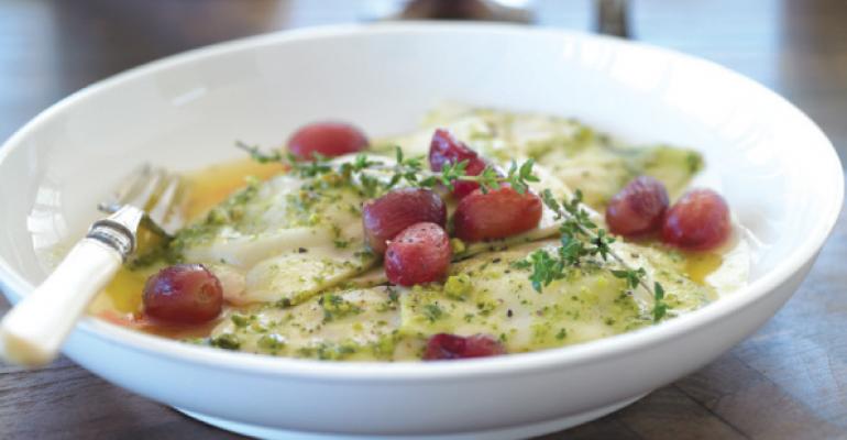 Sweet Corn Ravioli with Blistered Grapes