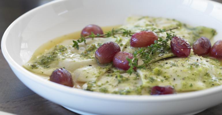 Sweet Corn Ravioli with Blistered Grapes