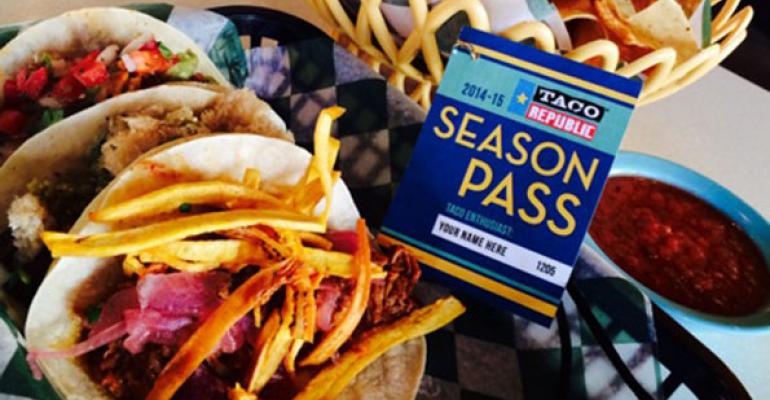The 20142015 Taco Republic Season Pass entitles owners to their choice of three tacos with chips and salsa each day from December 5 2014 through March 5 2015