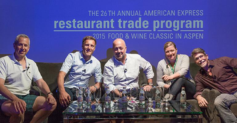 From left Danny Meyer Bobby Stuckey moderator Andrew Zimmern Ashley Christensen and Rick Bayless covered brand extensions quotfine casualquot and more on their panel