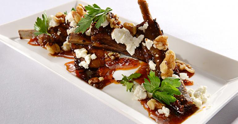 Maple and Fig Lamb Ribs with Goat Cheese and Walnut Dust