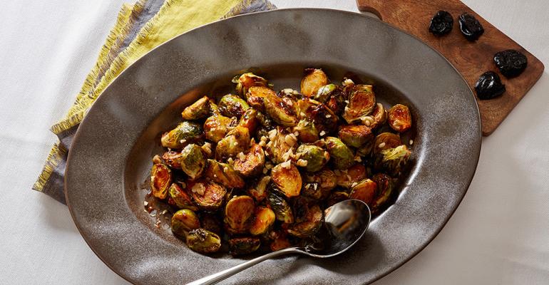Roasted Brussels Sprouts with Dried Plum Puree, Harissa and Walnuts