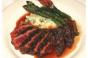 Grilled Denver Steak with Smoked Bacon and Buttermilk Blue Cheese Mashed Potatoes, Asparagus and Madeira Sauce